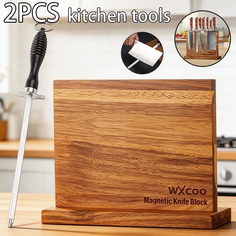 Kitchen Double-sided Wooden Magnetic Knife Block Holder Rack for Kitchen Convenience with Strong Enhanced Magnets Knife