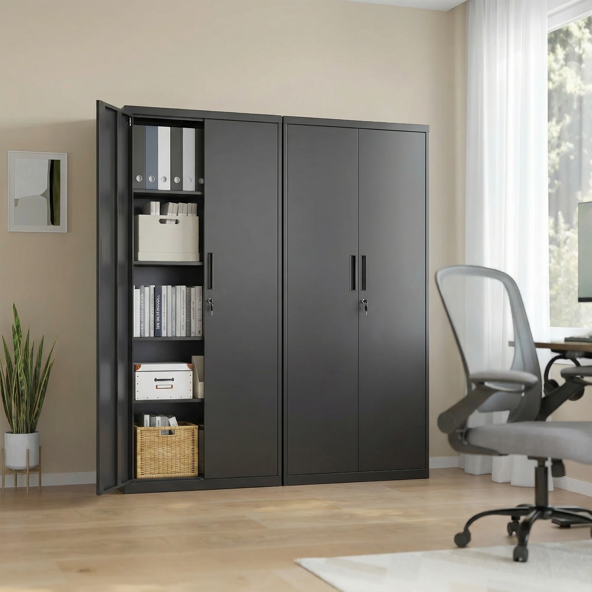 SONGMICS Aktenschrank, Mehrzweckschrank, Aufbewahrungsschrank, 5 Ebenen, Doppeltüren, Schloss, verstellbare Ablagen