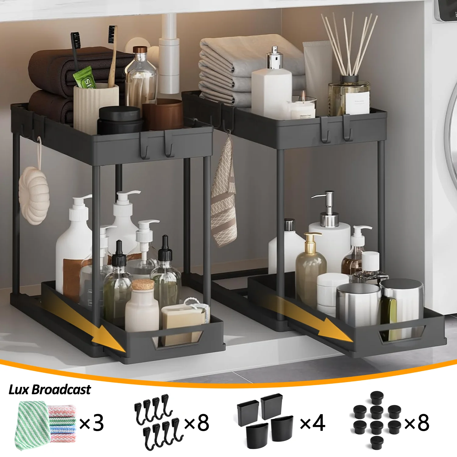 Unterschrank-Organizer und Aufbewahrung, 2er-Pack Ausziehbarer Badezimmer-Waschbecken-Organizer mit Haken, Mehrzweck-Unterschrank-Aufbewahrungsschubladen für Küche, Bad & Waschküche