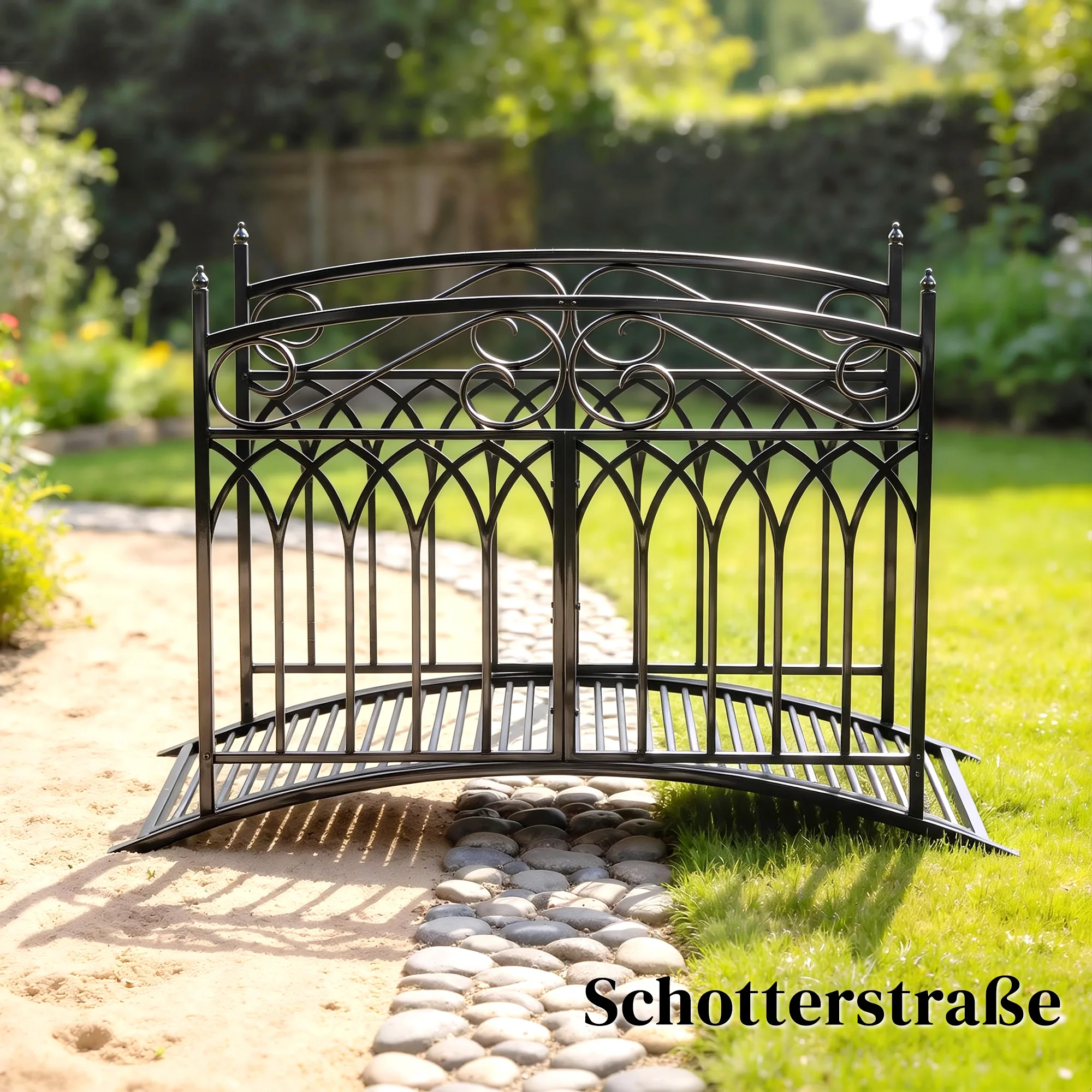 Pont de jardin gothique en fer résistant aux intempéries avec balustrades ornées, allée décorative autoportante pour jardin, fournitures et accessoires de jardinage, pont arqué vintage en métal pour