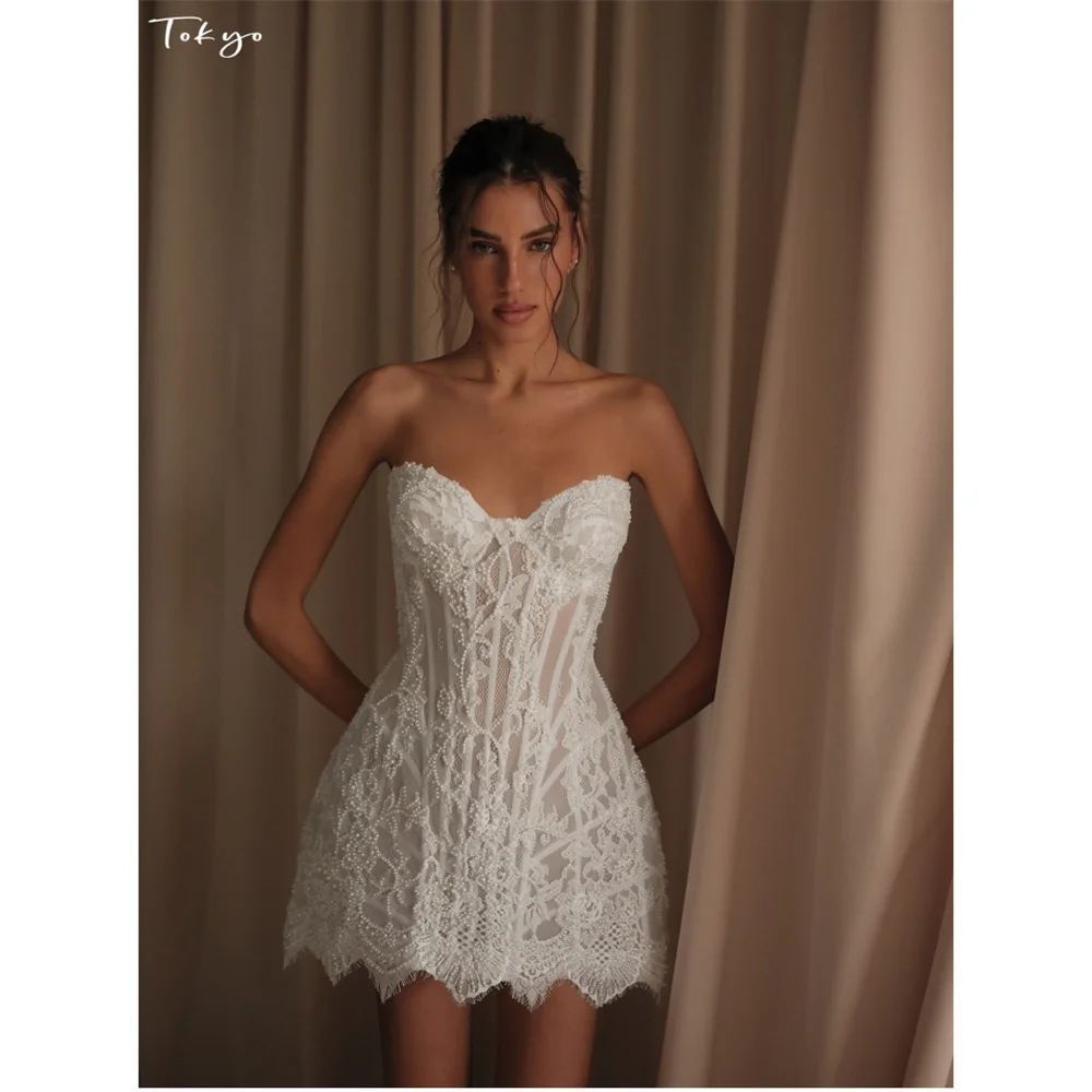 Tokyo Customized Sweetheart Strapless Lace Mini Dresses Bridal dress A-line White Minimalist Romantic Wedding dress Prom dresses