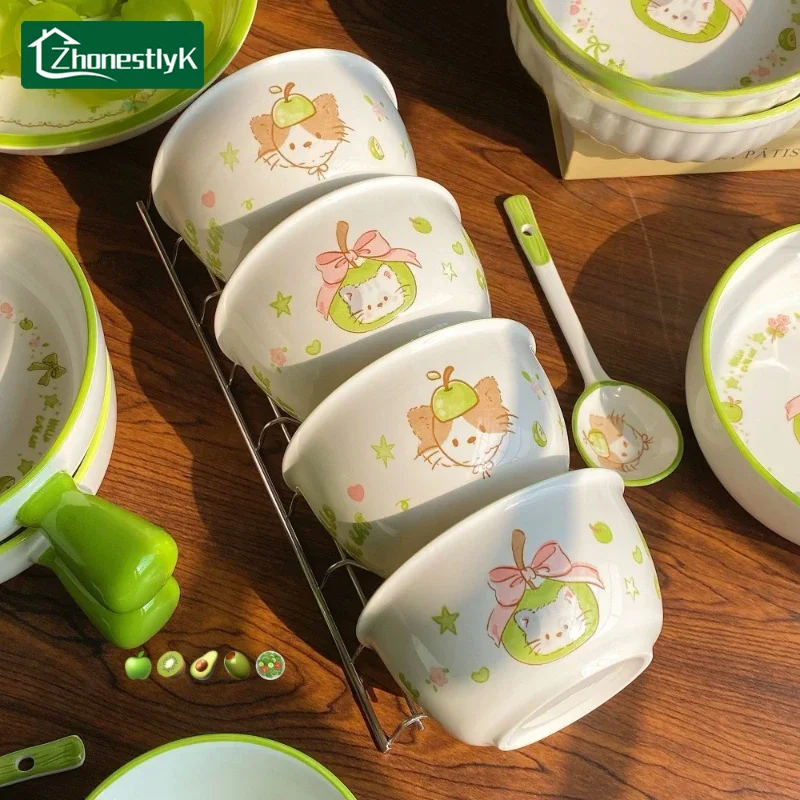 A Set of 4 Adorable Green Apple Cat Ceramic Tableware Cute Household Rice Bowl Eating Dishes Soup Yogurt Dessert Bowls