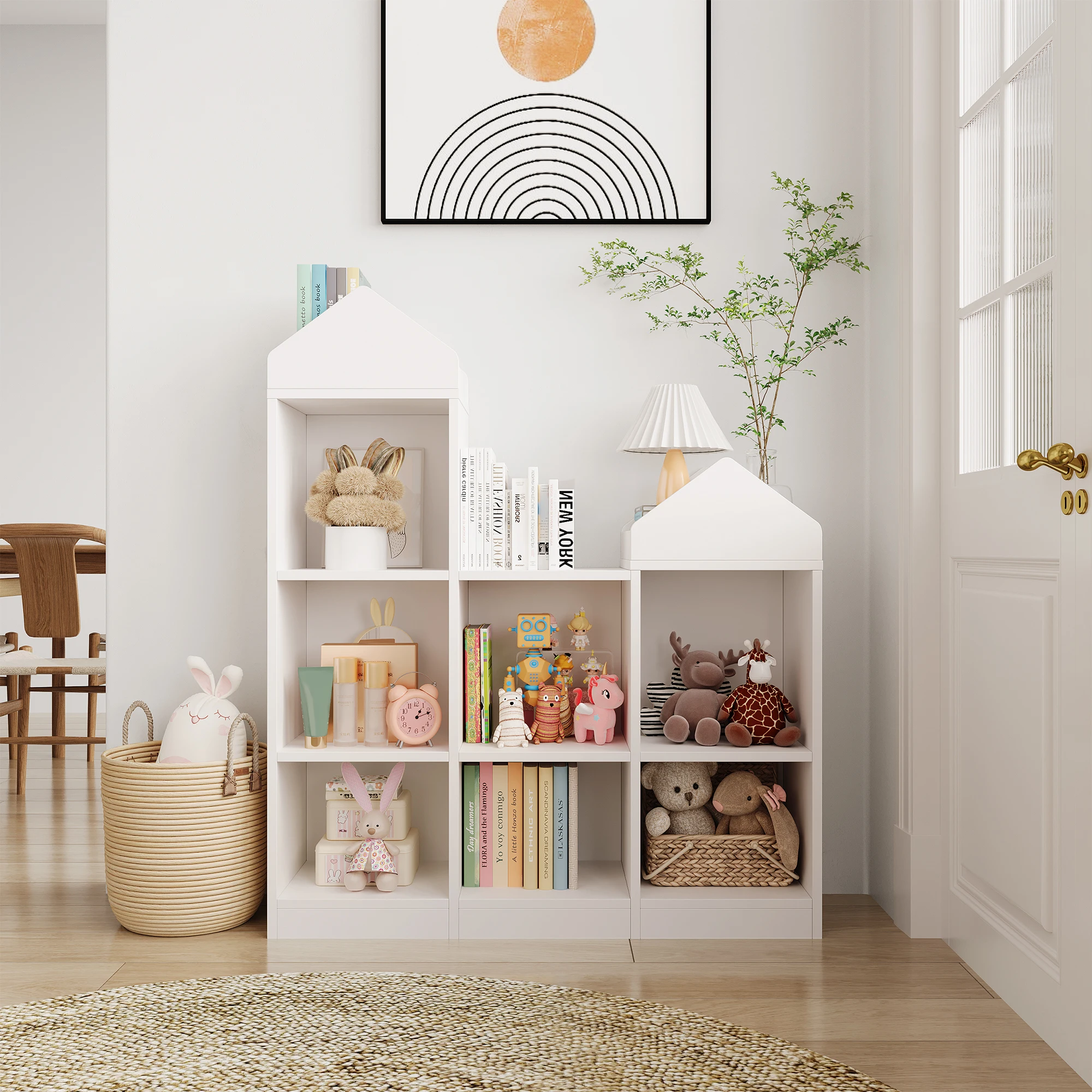 Spielzeug-Aufbewahrungsorganizer mit 7 Fächern, weißes Bücherregal für Kinder, Spielhaus-Schrank für Kleinkinder, Holzregal für Jungen und Mädchen, Spielzeugregal für Spielzimmer, Kinderzimmer, Babyzimmer