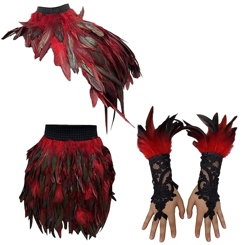 Accessoires de samba pour le carnaval de Rio 2026: ensemble 3 pièces en plumes noires pour femme, comprenant un col en plumes, une jupe et des manchettes en dentelle. Costume de scène pour festival
