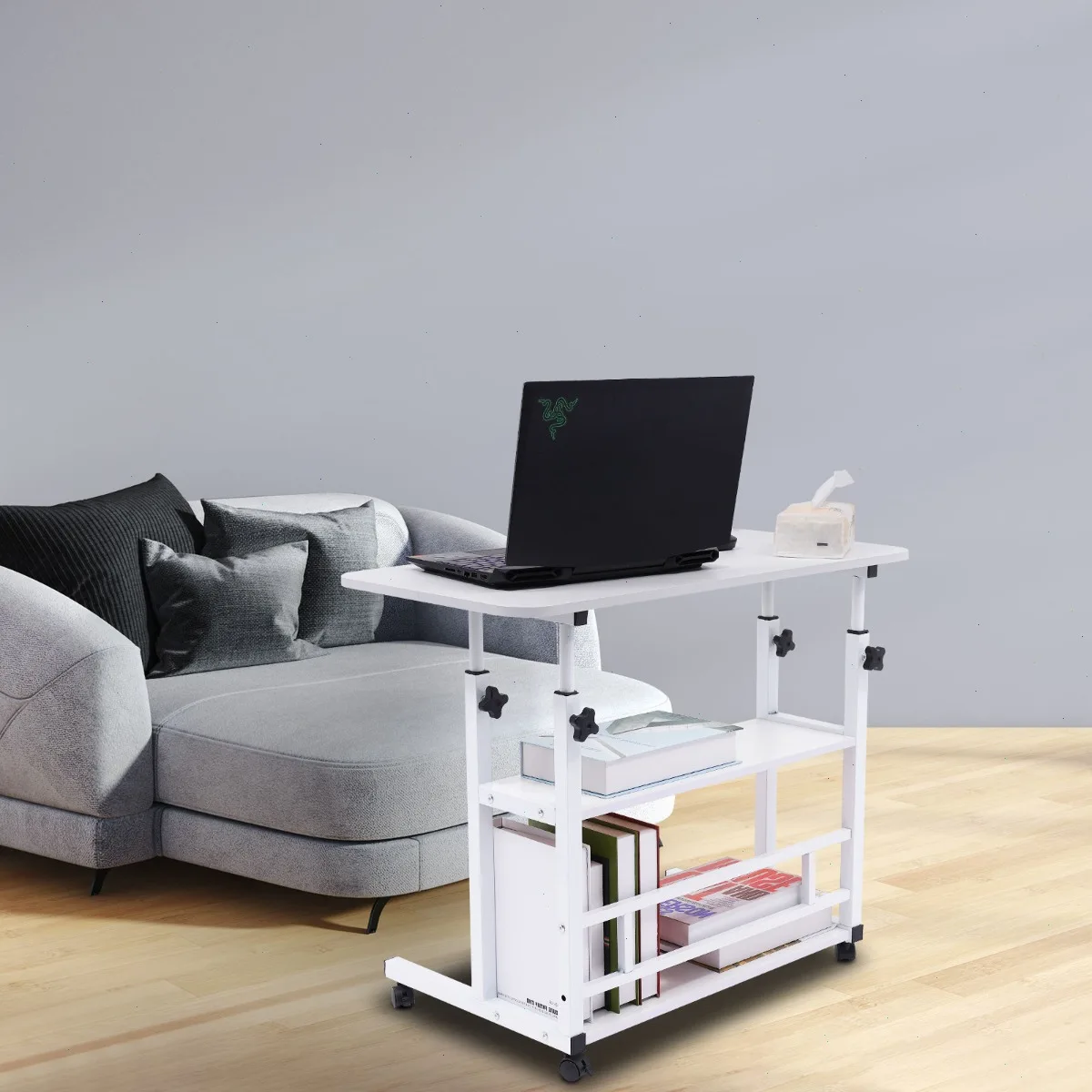 Schreibtische für das Home Office, Beistelltische, moderner, höhenverstellbarer Tisch, 3-lagiges Aufbewahrungsregal, weißes MDF, Rollräder, Beistelltisch für Arbeitszimmer, Wohnzimmer, Kaffee- und