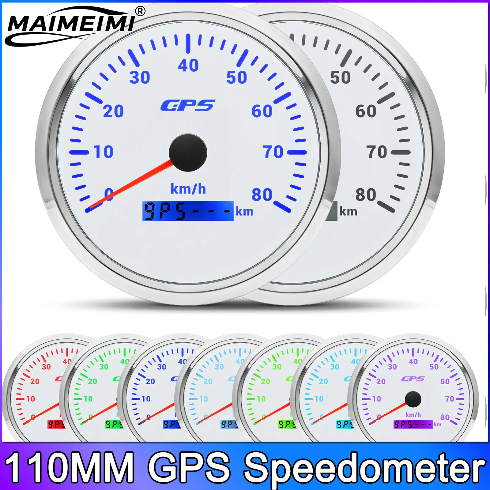  0-80km/h 110mm GPS Speedometer With GPS Antenna Speed Gauge Total Mileage Waterproof with 7 Colors Backlight for Car Boat Tru