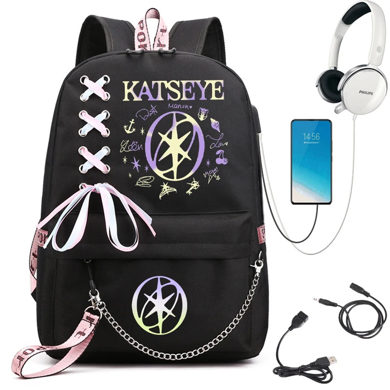 Sac à dos d'école graphique Katseye pour filles, sacs d'école pour adolescents avec port USB, sac pour ordinateur portable Y2K pour femmes, sac à dos Katseye pour étudiants