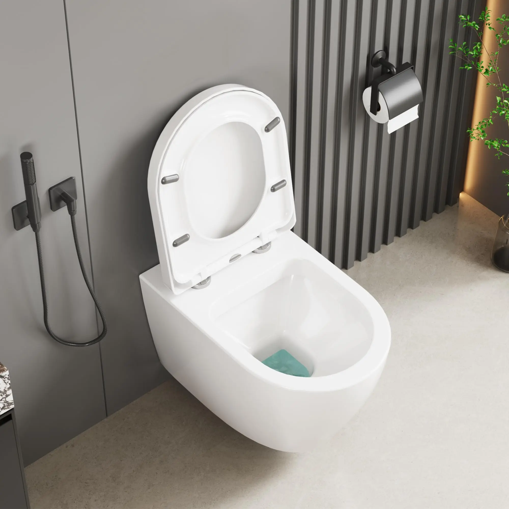 Wandhängendes WC, Modernes D-förmiges WC-Becken mit Randlosem Design & Leistungsstarker 360°-Spülung ° Wash-Down-Spültoilettensitz mit Soft-Close-Funktion, Schnellverschluss und Anti-Rutsch-Puffern