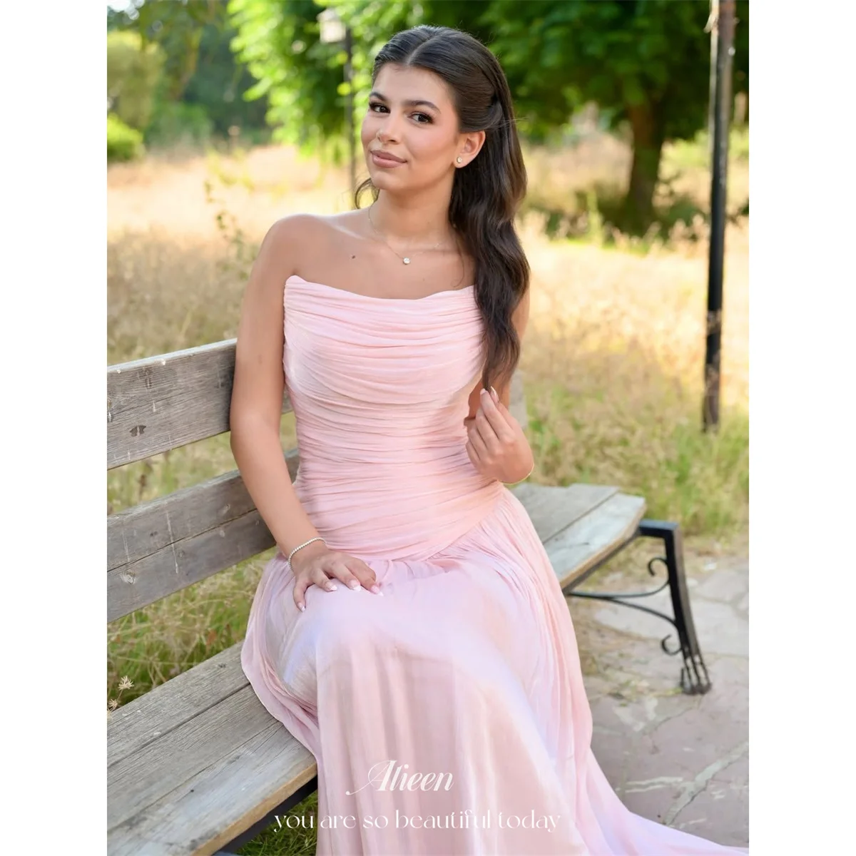 Aileen Chiffon Strapless Pink A-Line Elegant Evening Gown Soft Fabric Straight Neckline Bodice Ruching Flowing Ruched Customized
