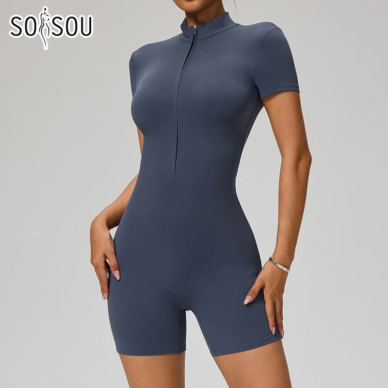 Nouvelle combinaison zippée pour femmes, vêtements à manches courtes, vêtements de sport pour femmes, ensembles de sport pour la salle de sport, le yoga, ensembles d'entraînement en nylon, survêtement