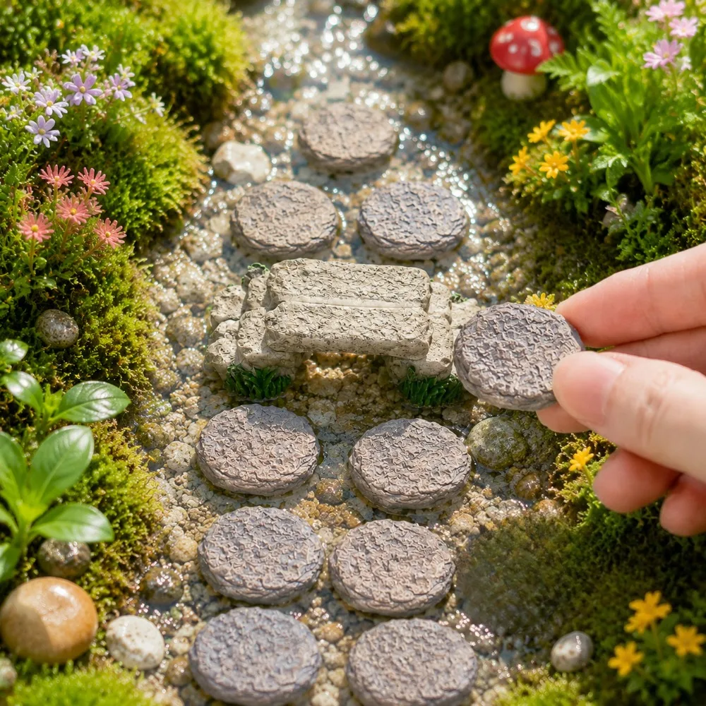 Pont miniature en pierre pour jardin miniature avec 10 pierres de passage, mini-pont en résine pour accessoires de jardin miniature, décoration de jardin miniature