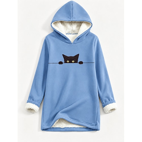 Damen Pullover Fleecegefütterter Kapuzenpullover Sweatshirt Print Grafik Tier Lässig Komfort Langarm Kapuzenoberteile Lässig Street Blau Hellrosa Dunkelrosa Rot Grau Herbst Winter