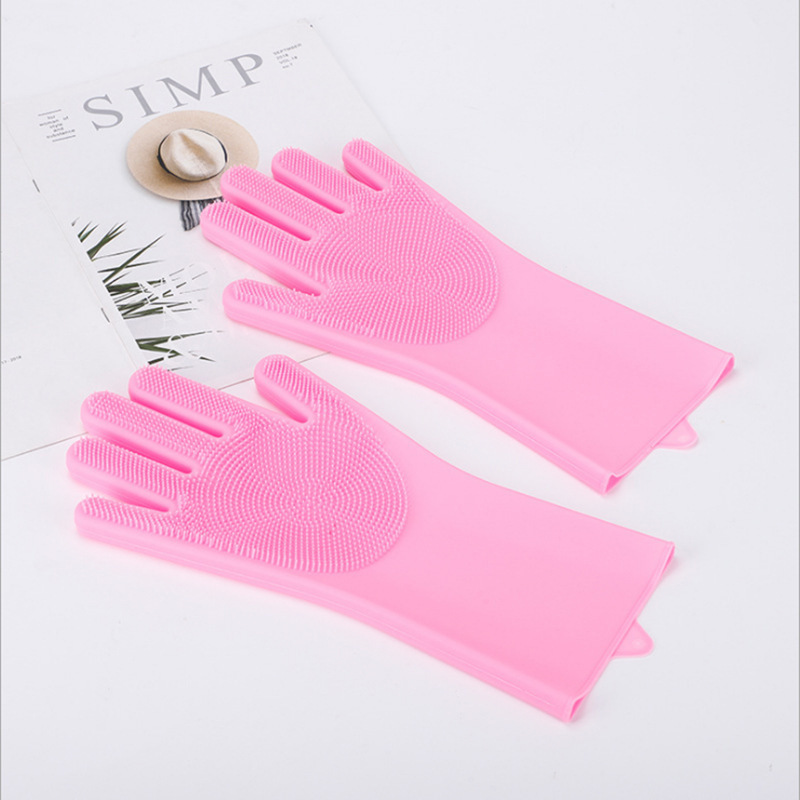 Magic Silicone Dishwashing Gloves With Built In Scrubber For Kitchen & Household Cleaning pink