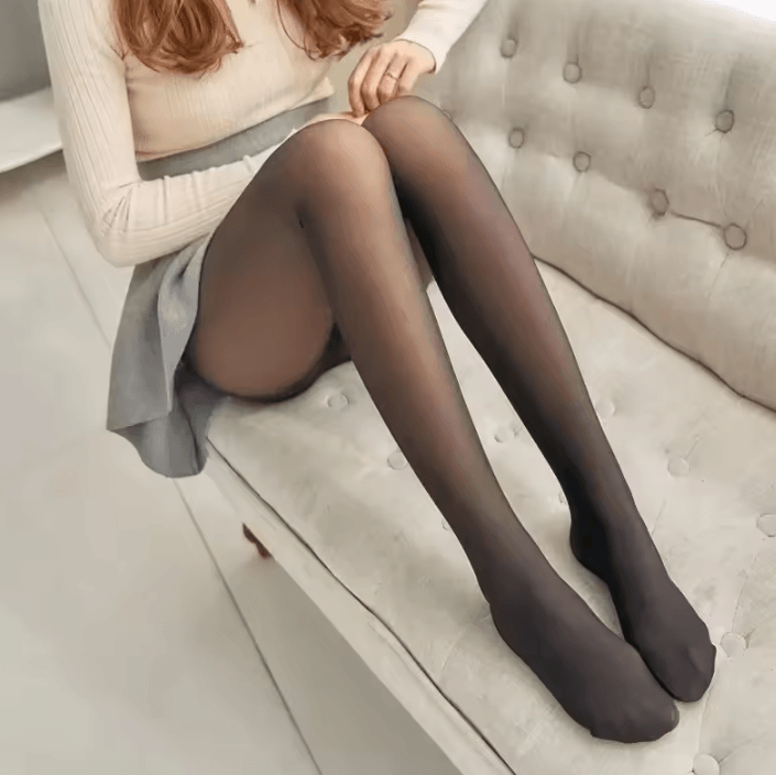 Fleece Lined Fake Translucent Thermal Tights For Women full Foot Black thin 80g