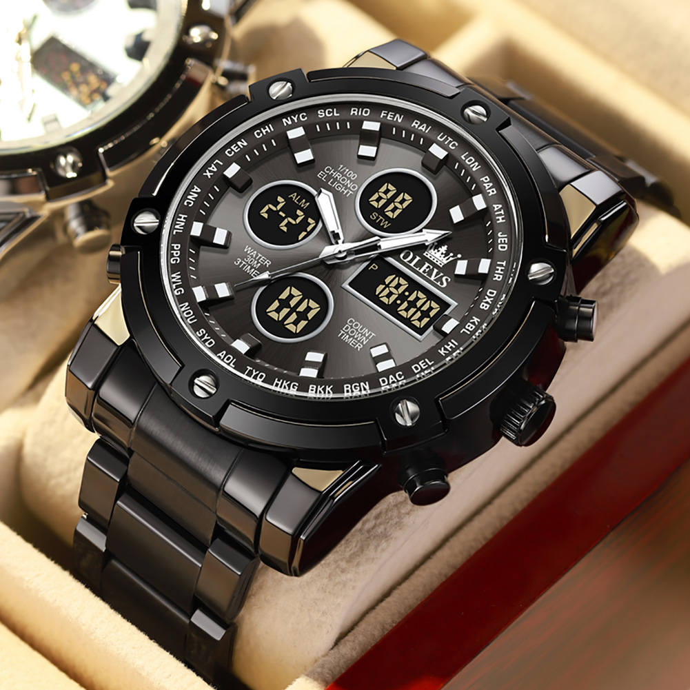 Men Digital Watch Waterproof Multifunction Luminous Dress Watch With Alarm all Black