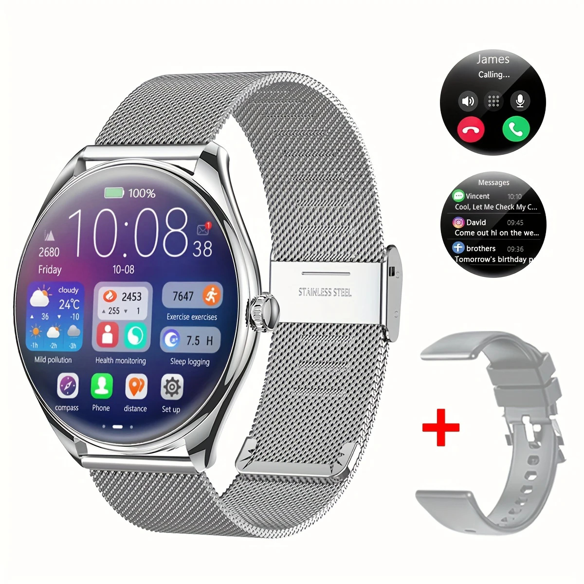 Ultra Thin AMOLED Smartwatch With Bluetooth Calling & Heart Rate Monitor For Android & IOS mesh Silver