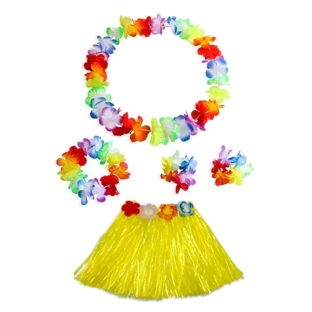 Colorful Kids Hawaiian Luau Costume Set With Grass Skirt Party Accessories yellow (5 Pcs)