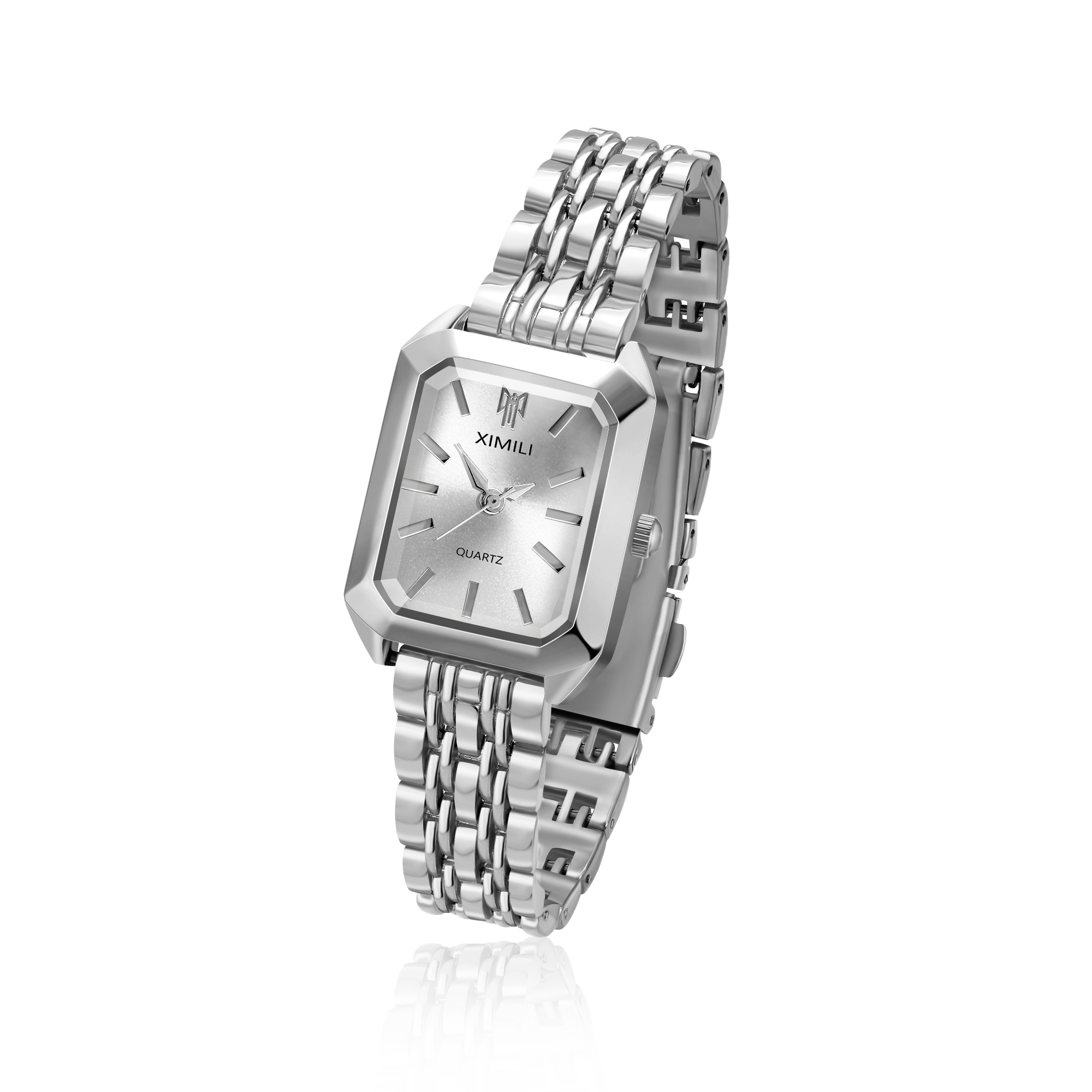 Luxury Women's Square Watch With Gold Stainless Steel Strap & Quartz Movement silver White