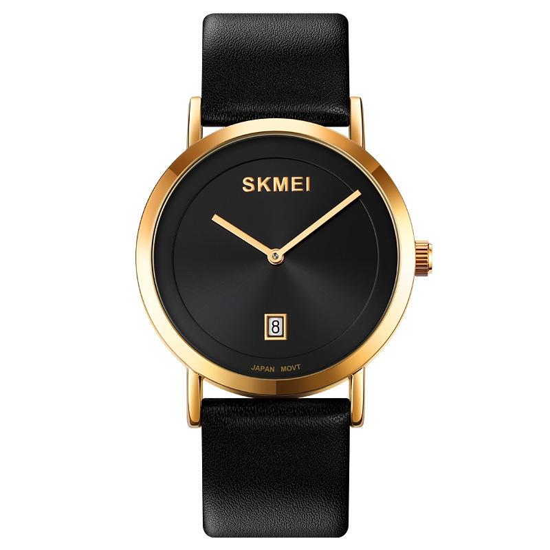 SKMEI 1907 Men Waterproof Quartz Watch Elegant Genuine Leather Strap Casual Analog Wristwatch gold