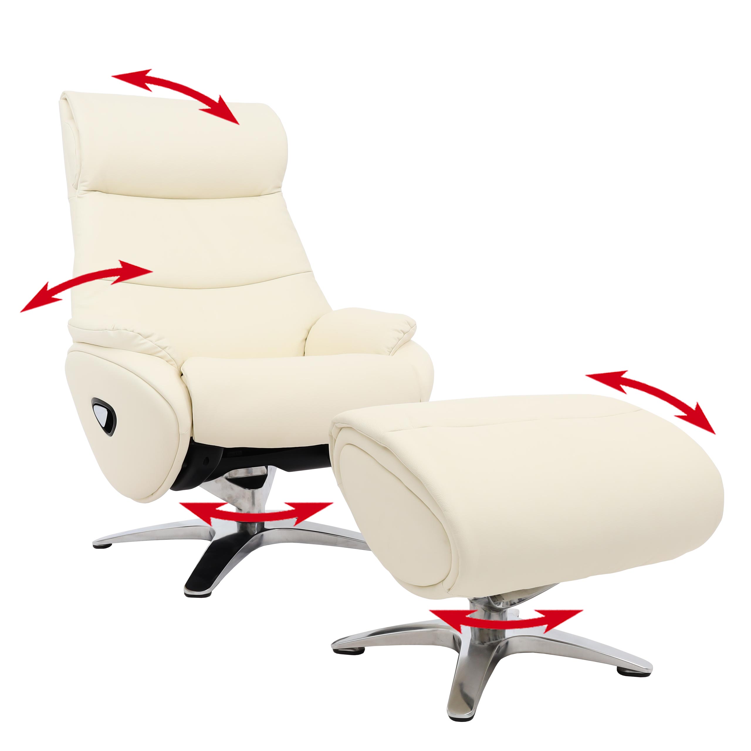 Relaxsessel mit Hocker HWC-K98, Fernsehsessel Sessel, Liegefunktion drehbar, Metall Echtleder/Kunstleder ~ creme-weiß