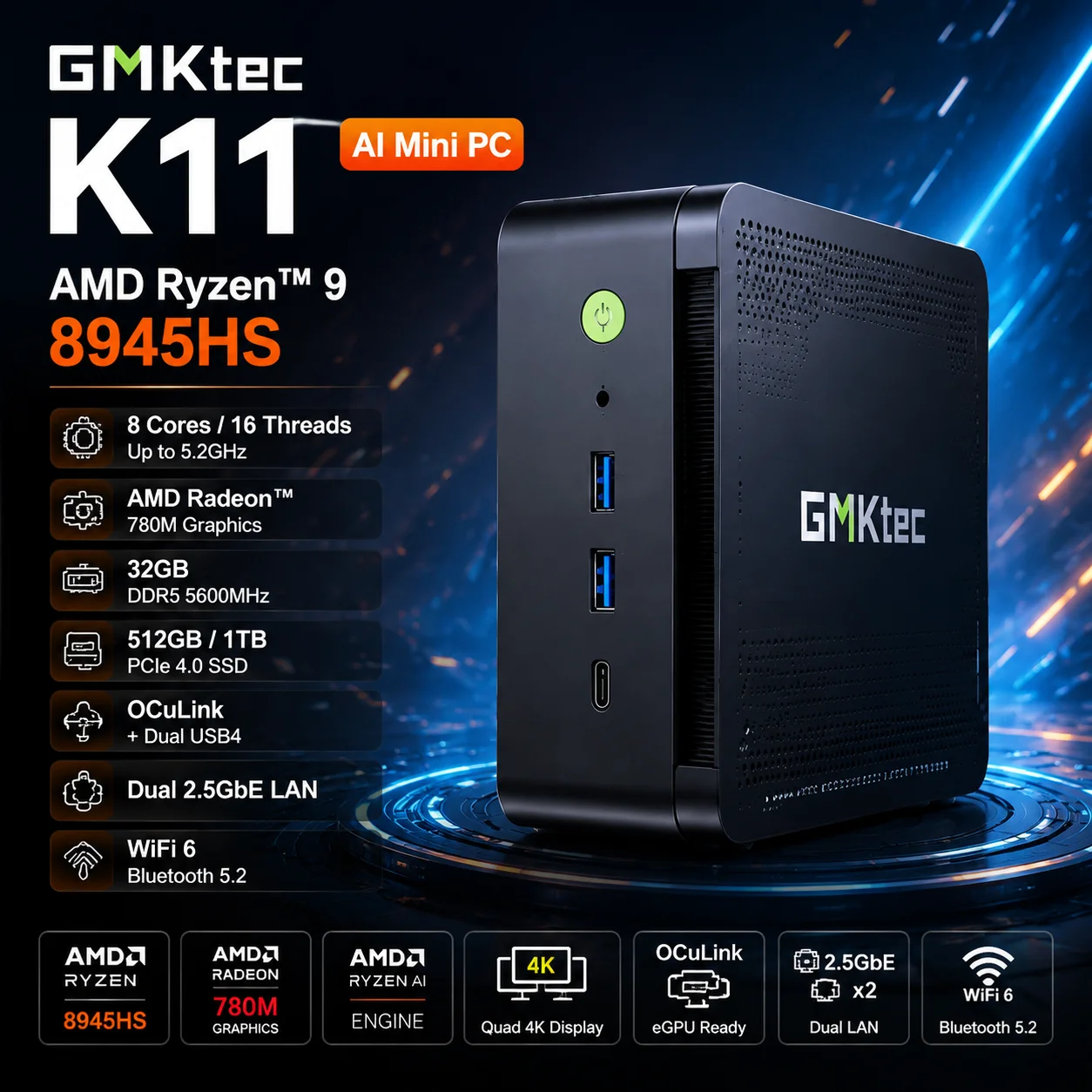 GMKtec K11 Mini-PC AMD Ryzen 9 8945HS AI Gaming-Computer DDR5 PCIe 4.0 NVMe SSD WiFi 6E Bluetooth 5.2 Dreifach-Display Windows 11 Pro Desktop-PC