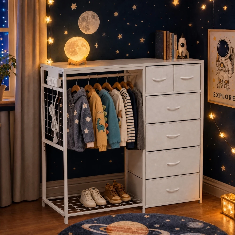 Kinderkleiderschrank mit 6 Schubladen, Kleiderstange & Steckdose - Multifunktionaler Aufbewahrungsorganizer für Kinderzimmer, Weiß, mit Schuhregal und Bücherregal