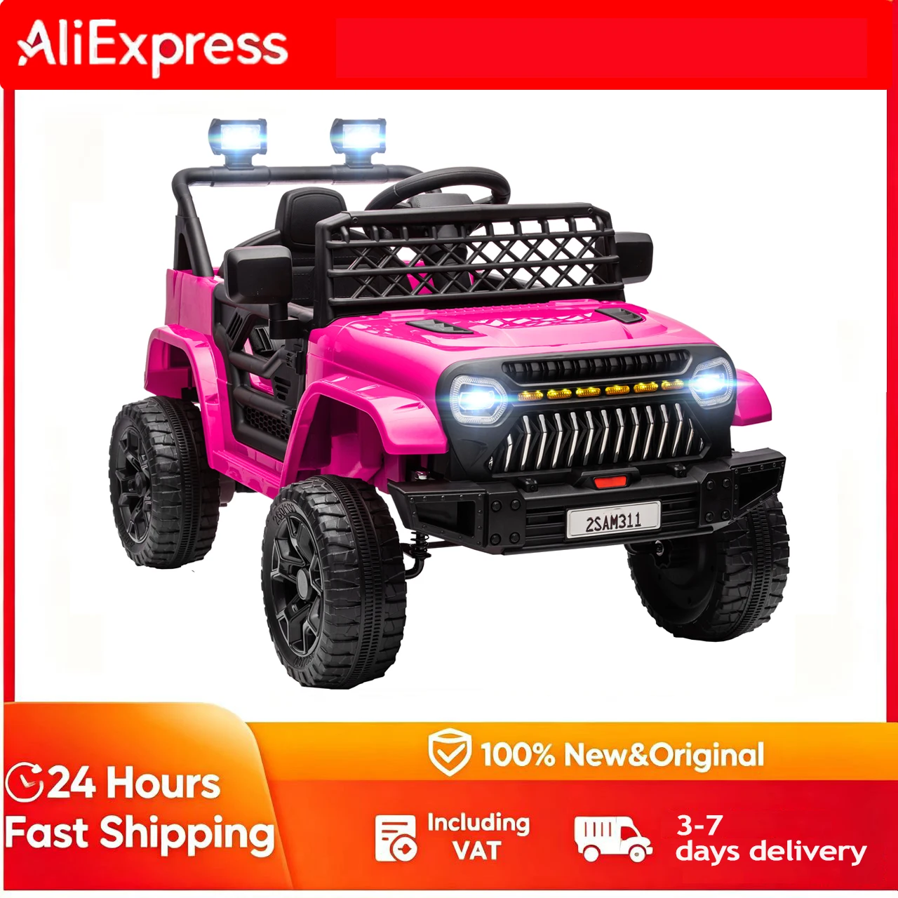 Voiture électrique pour enfants 12V avec télécommande 2,4 GHz, 2 moteurs, haut-parleur, musique LED, voiture jouet pour enfants de 3 à 8 ans, voiture jouet électrique, voiture porteur, rose, poussette