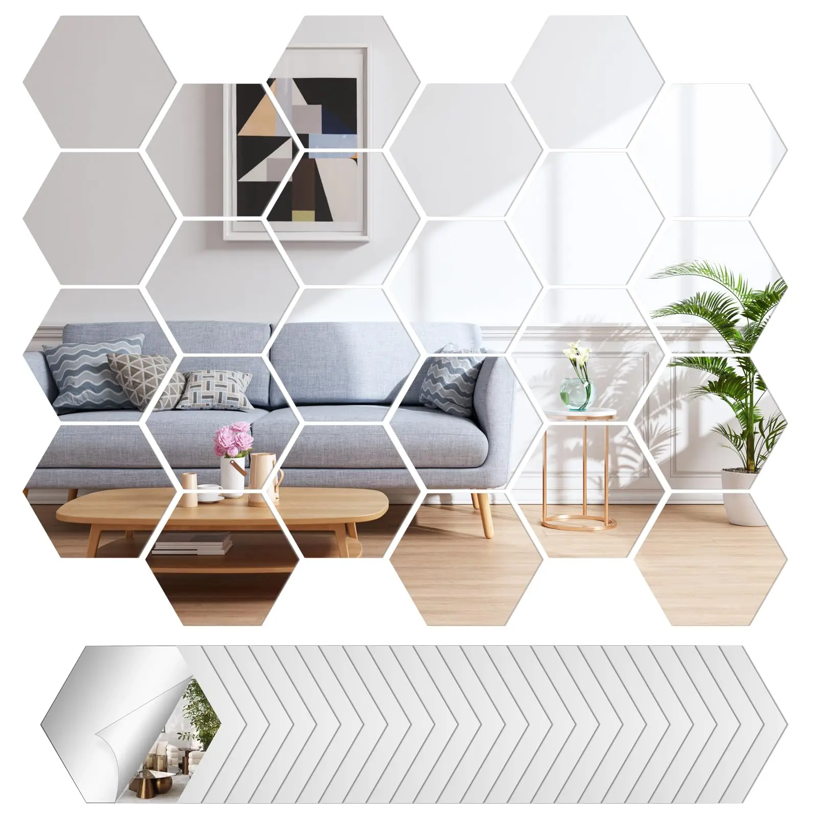 24 Stück 3D Spiegel-Wandaufkleber Sechseckige Acryl Selbstklebende Spiegelaufkleber Kunst-Wandtattoos Mosaik-Fliesen DIY Heim Schlafzimmer Deko