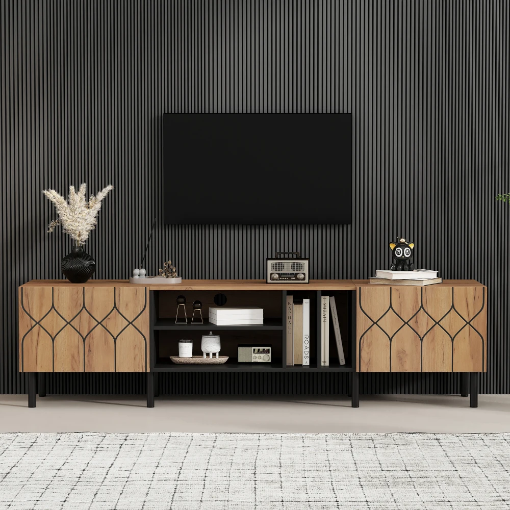 Meuble TV grand format 180x40x50cm pour téléviseur 70 pouces, meuble TV moderne bas avec 2 portes et 4 espaces de rangement ouverts, meuble multimédia combiné bois naturel noir, meuble TV