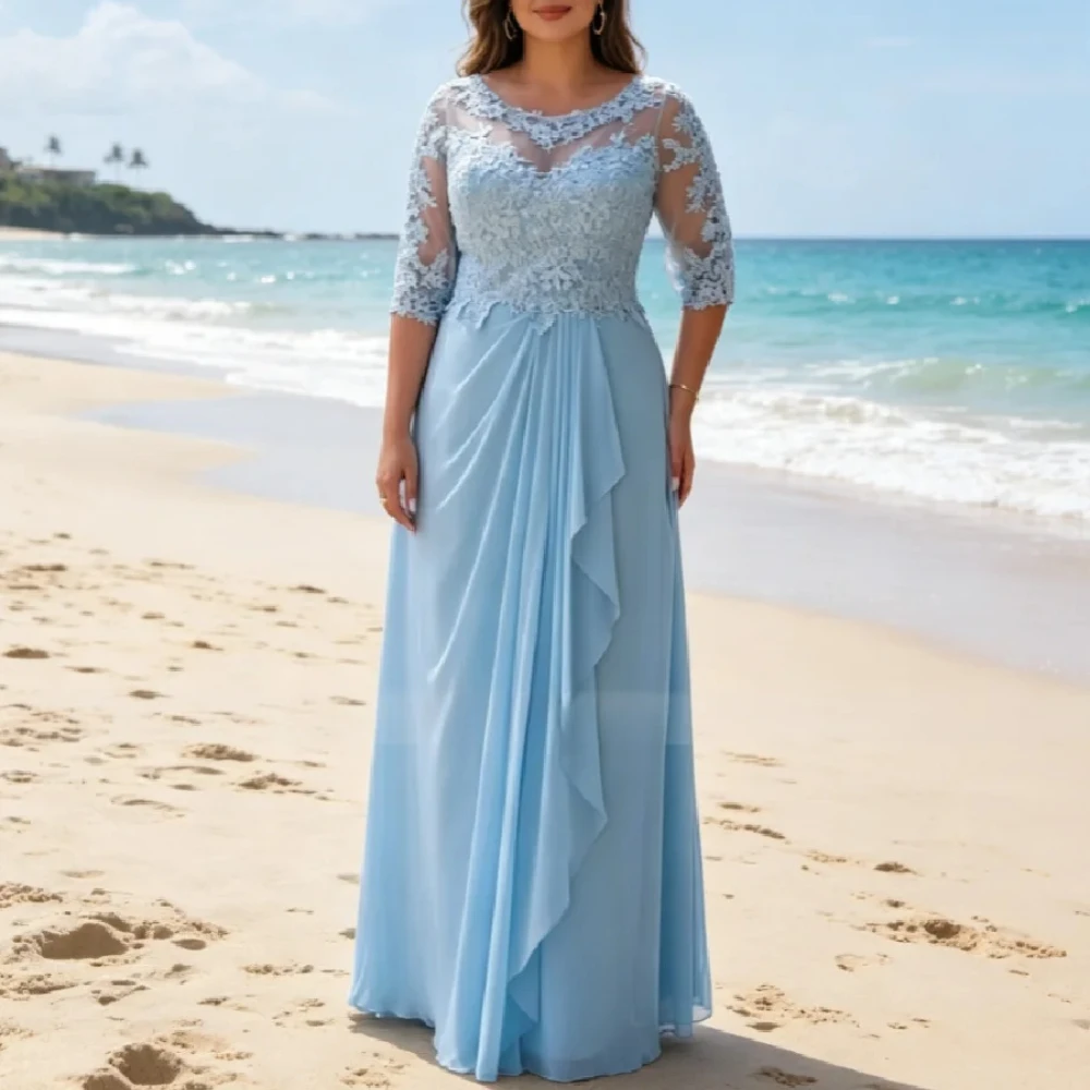Customized Elegant Blue Chiffon Mother of The Bride Dress Half Sleeve Lace Plus Size Mom Birthday Party Gowns For Wedding Guest