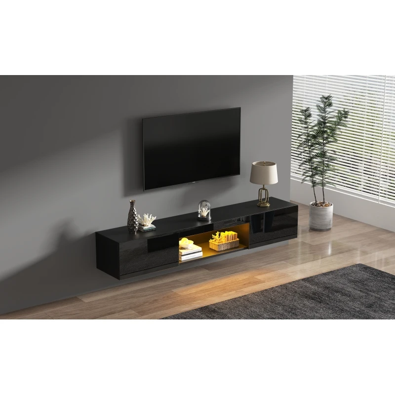 Meuble TV mural brillant 160*31*22cm avec éclairage LED, meuble bas, table TV, meuble TV, meuble TV mural, pour téléviseurs de 70 pouces, capacité de charge 35kg, noir