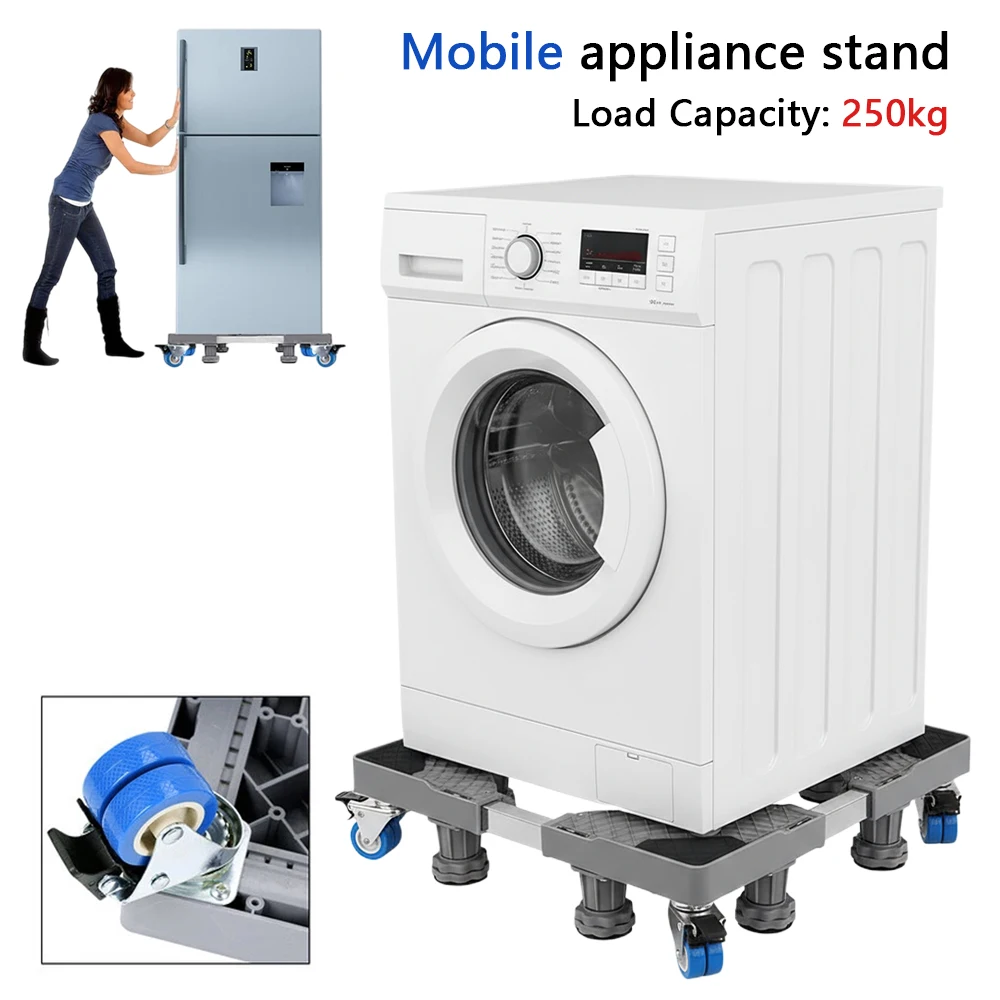 Base de déplacement télescopique réglable de 42-66 cm pour appareils électroménagers, support de machine à laver avec 4 roues et 8 pieds de levage, support pour sèche-linge, congélateur, armoire de