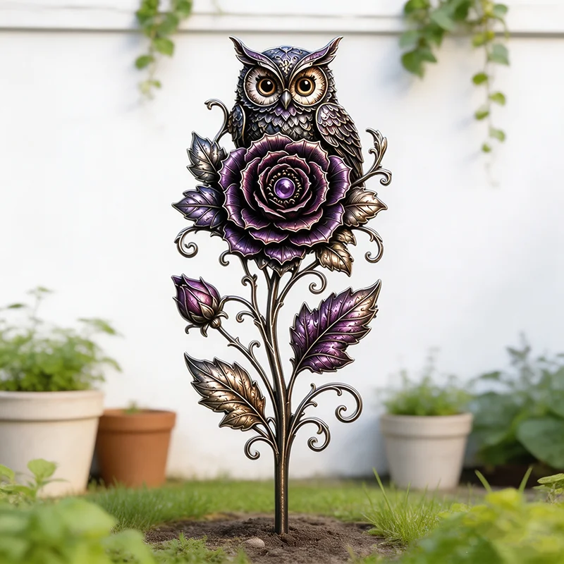 Décoration de jardin en forme de hibou en métal rose, panneau décoratif en fer forgé étanche pour jardin, ornement artisanal pour pelouse et patio extérieur, pour allée de jardin