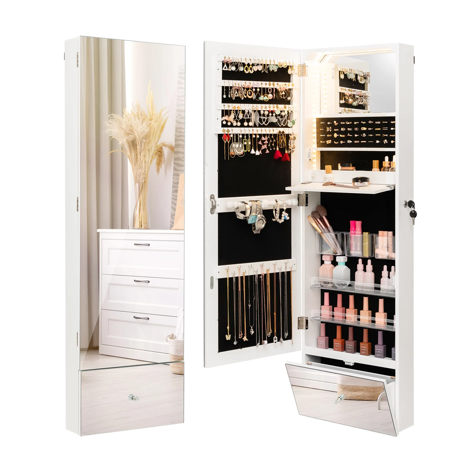 Hängender Schmuckschrank, Spiegelschrank mit abschließbaren LED-Leuchten, Schubladen, Schminkschrank, Schmuck-Organizer