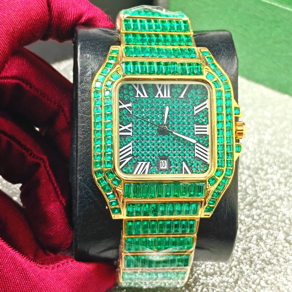 Hip-Hop Hochwertige Luxuriöse Quadratische Diamant-Quarzuhr für Herren, Grün, Ice Out, Trendige Mode-Stahluhren, AAA-Uhr, Reloj