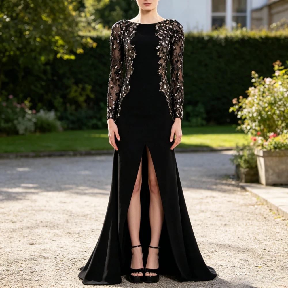 Exquisite Lace Long Sleeve A-line Thigh Slit Floor Lenght Evening Gown Black Jersey Boat Neck Back Zipper Prom Dresse Customzied