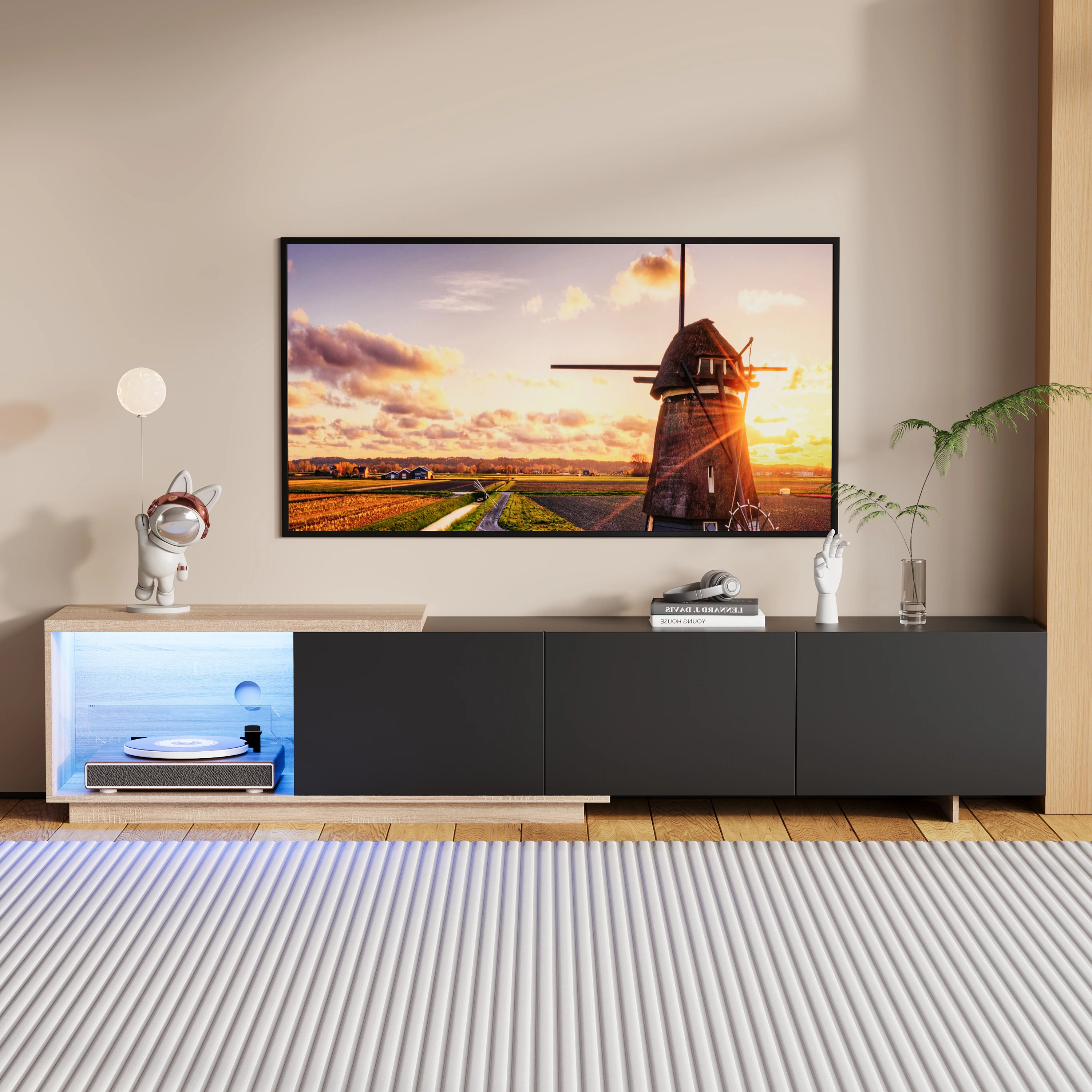 Comanlai Meuble TV bas 44×38×240cm, Meuble TV noir, Meuble TV moderne en bois avec rangement 3 tiroirs, Meuble TV LED, pour salon