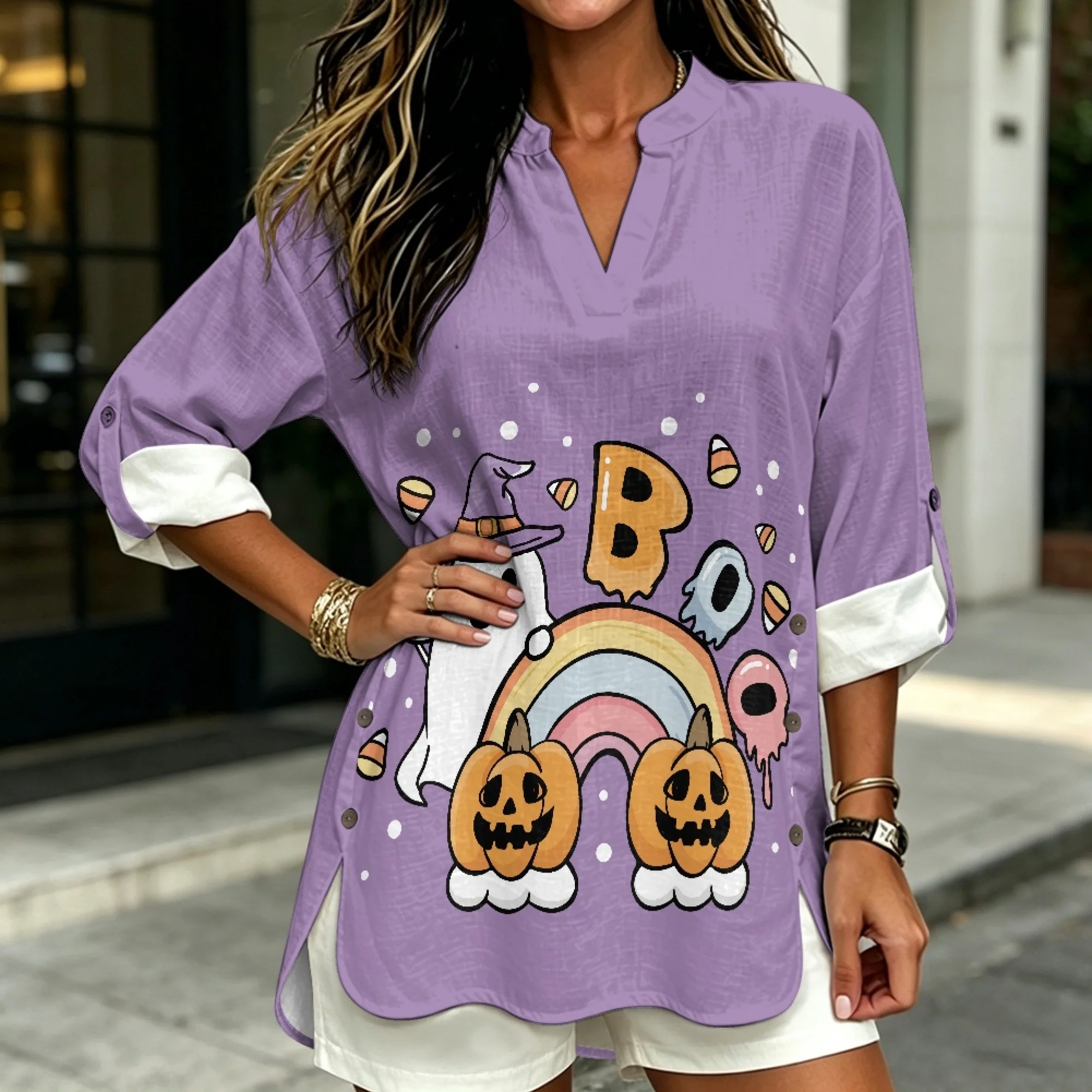 INSTANTARTS Traf 2026 Vêtements Femme Chemise en Lin Femme Chemise Fantôme Femme Chemises Halloween Femme Haut Femme Vêtements Femme S-3XL