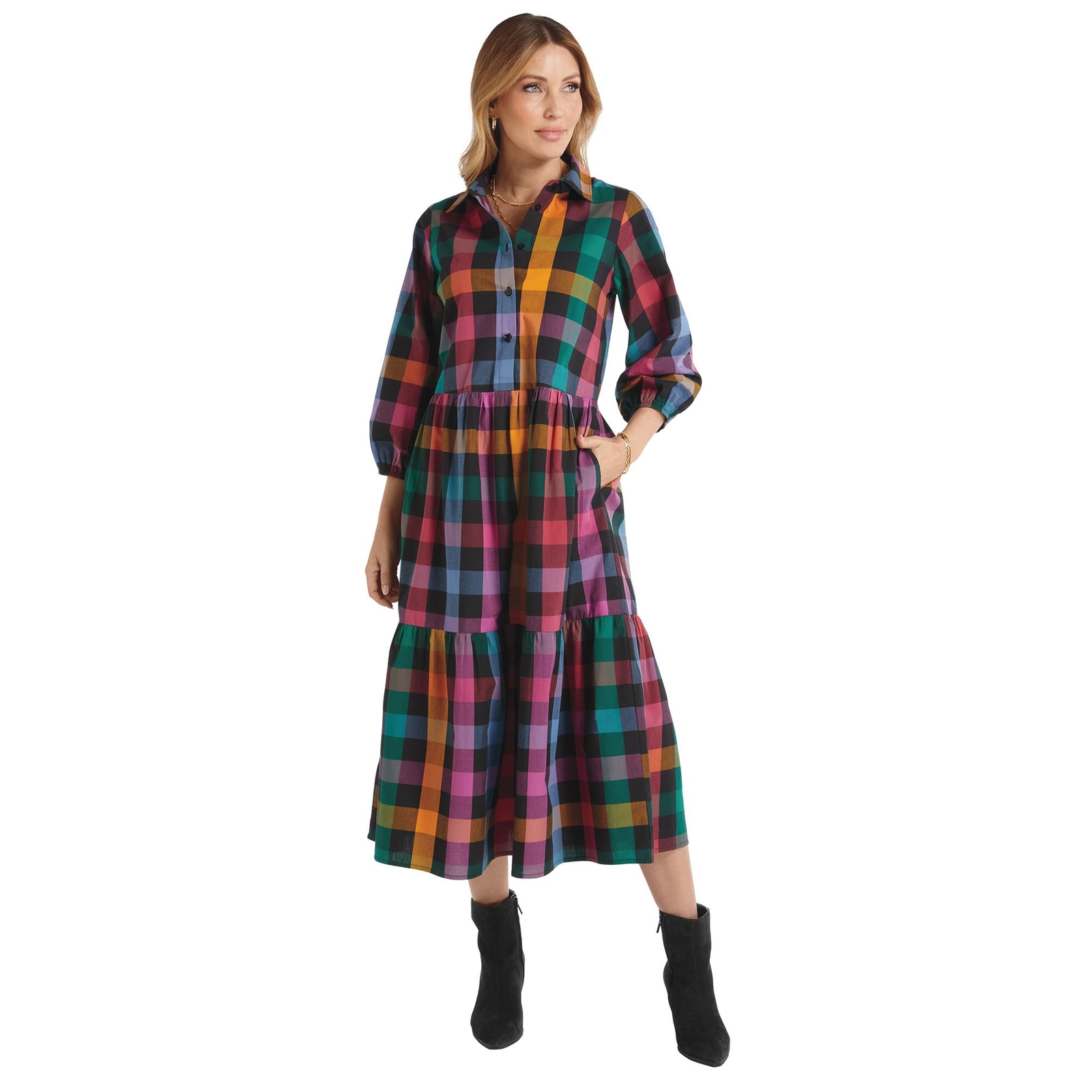 Masseys Puff Sleeve Shirt Dress Casual in Black/Check, Size 3X, Cotton