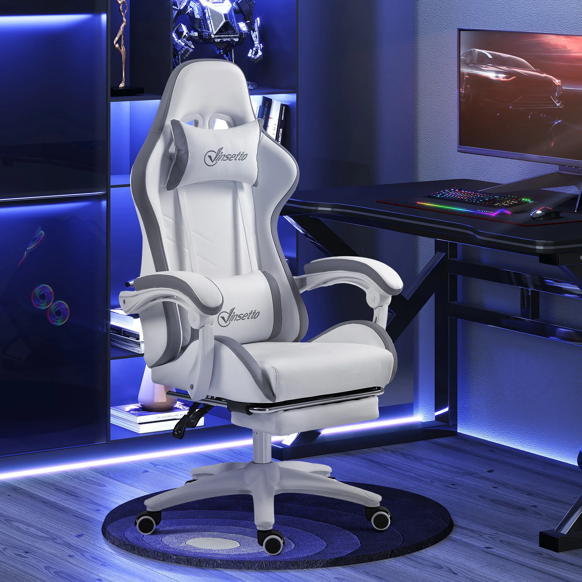Vinsetto Gaming-Sessel, ergonomischer Gaming-Stuhl mit einer Höhe von 135 cm ° Verstellbare Rückenlehne und Lendenwirbelstütze, 65x65x121-129 cm