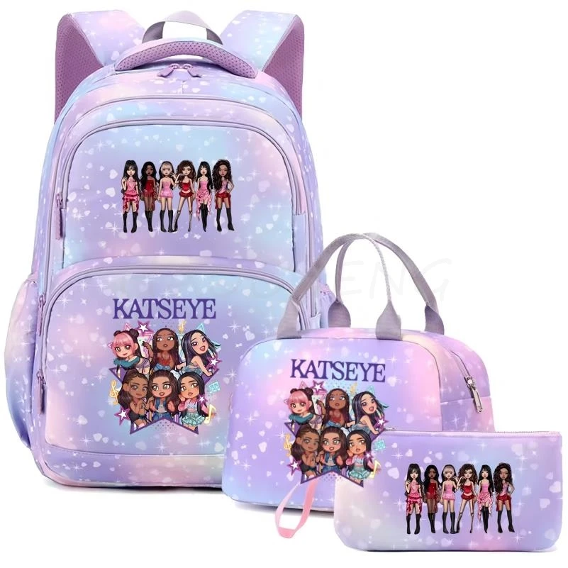 Sac à dos Katseye pour femmes, 3 pièces/ensemble, sac d'école pour étudiants, grande capacité, sac de voyage en plein air, sac d'école pour étudiants avec dessin animé