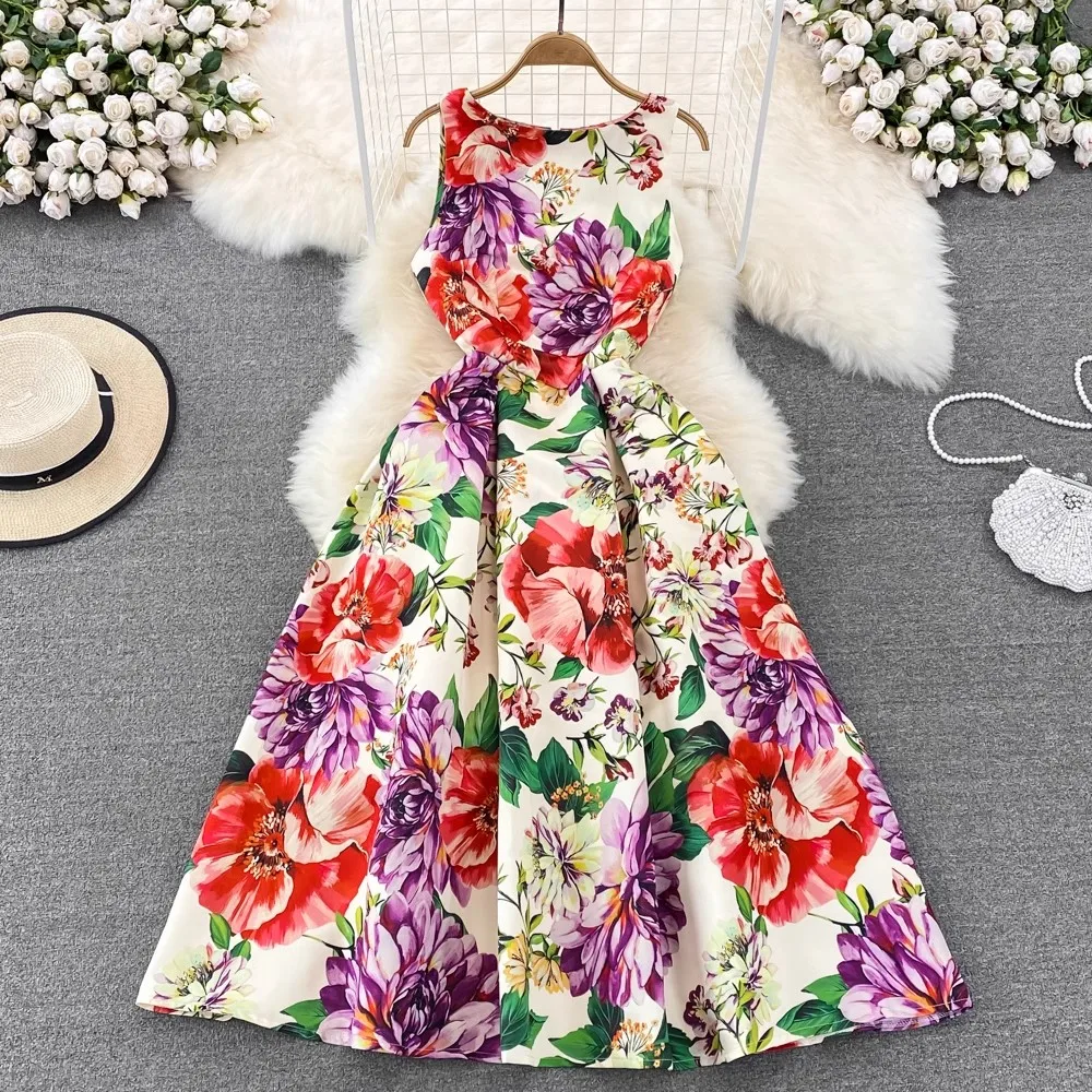 Summer Holiday Flower Jacquard Dresses For Women's Sleeveless O Neck Tank Female Vest Wedding Party Ball Gown Midi Vestidos