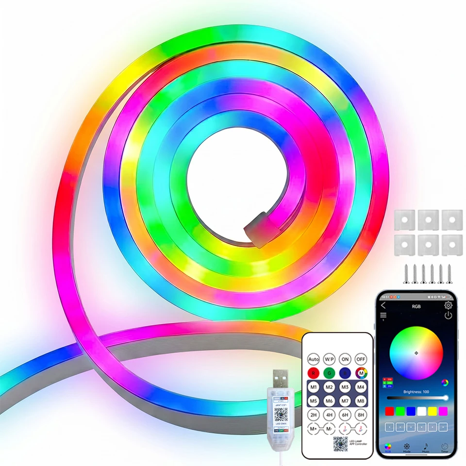 RGBIC Neon-Lichtschlauch 5V USB 1m-10m IP65 Wasserdicht Bluetooth Musik-Synchronisation Flexibler Streifen mit Fernbedienung für Party-Raumdekoration