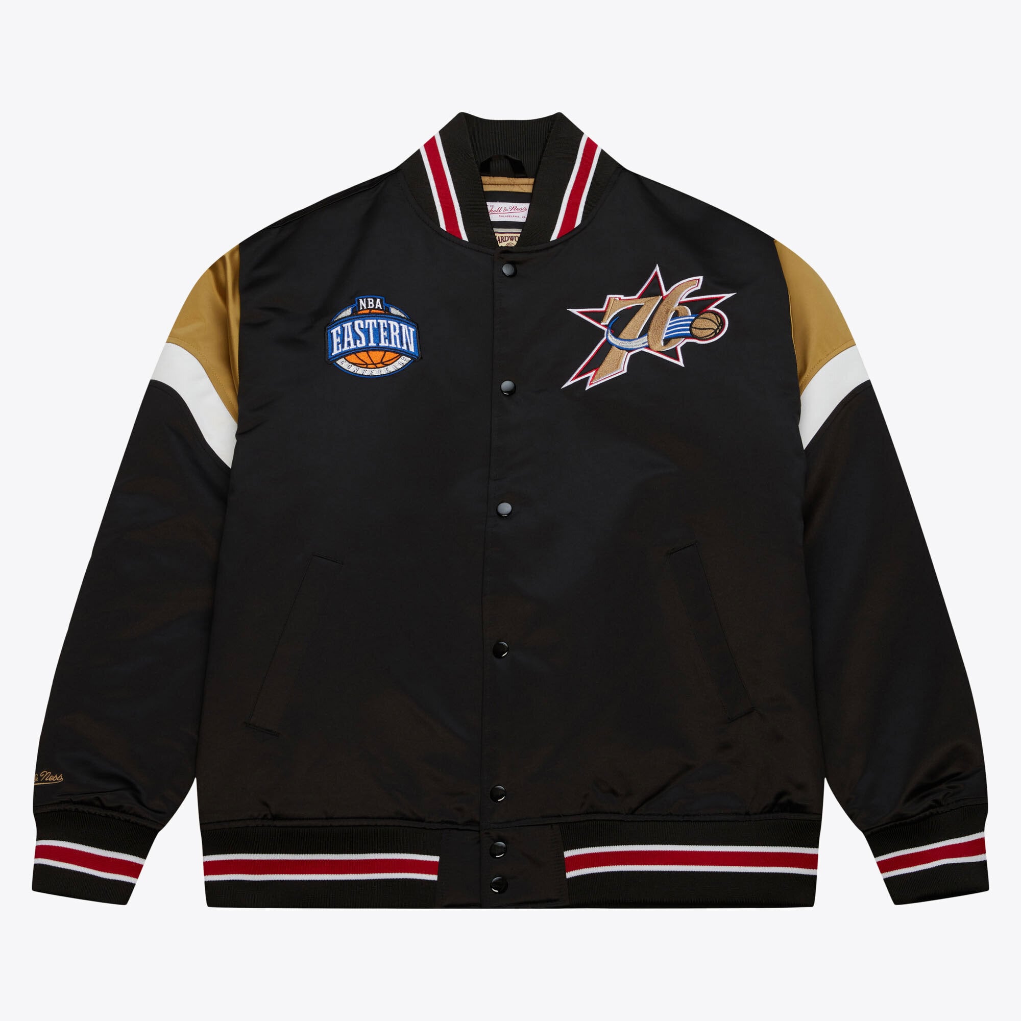 Philadelphia 76ers Mitchell & Ness Jacke aus schwerem Satin – Schwarz – Herren