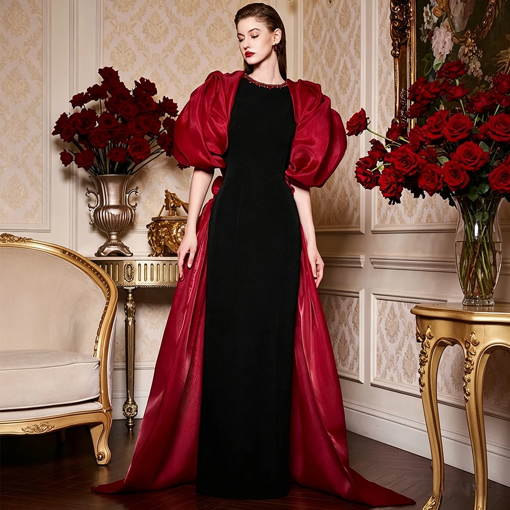 Customized Modern Evening Dress Crystal O Neck Puffy Sleeves Luxury Evening Gowns for Women Black Burgundy Formal Party Dresses