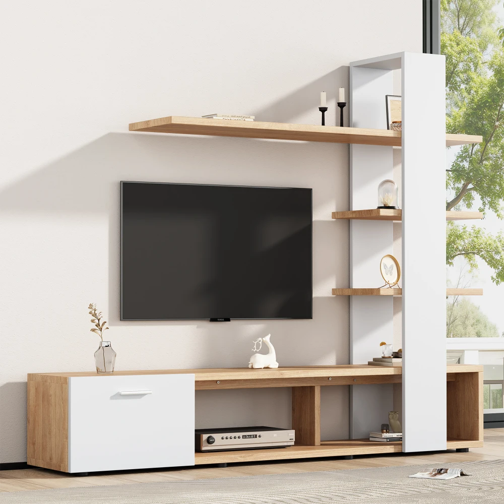 Meuble TV mural moderne, meuble TV mural multifonctionnel avec grand espace de rangement, meuble de divertissement pour salon 180 x 33,5 x 151,5 cm, meuble TV compatible avec téléviseurs jusqu'à 60