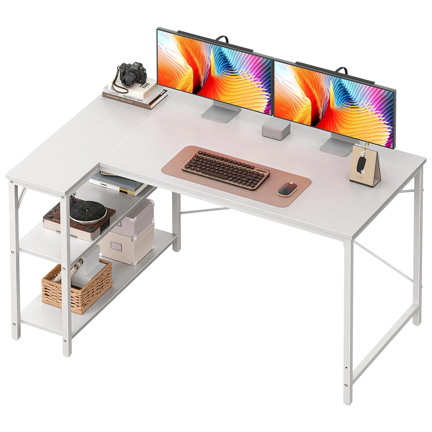L-förmiger Computertisch aus Holz mit offenen Regalen, 120 cm, Schreibtisch aus Holz, Eckregal, L-förmiger Computertisch, platzsparend