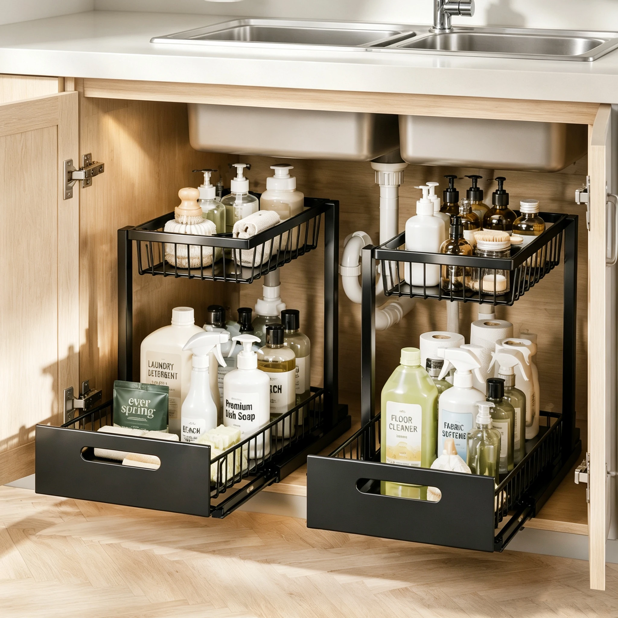 Premium Unterschrank-Organizer 2er-Pack, Ausziehbare Schublade für Schränke, Robuster Metall-Küchen-Organizer zur Platzersparnis im Badezimmer oder in der Speisekammer