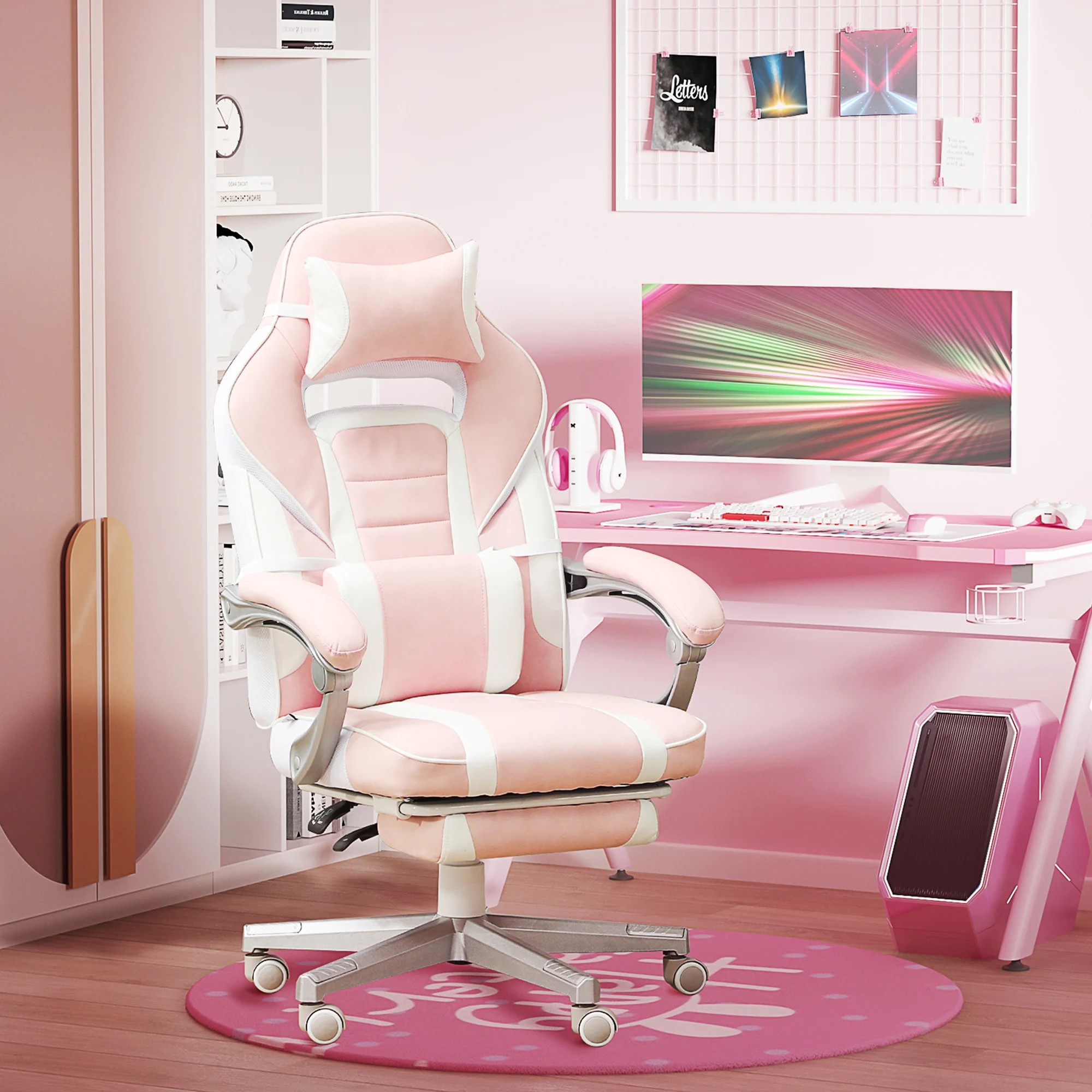 HOMCOM Gaming-Stuhl, ergonomischer Gaming-Sessel mit Füßen, höhenverstellbar, Liegefunktion, 63x63x cm, rosa