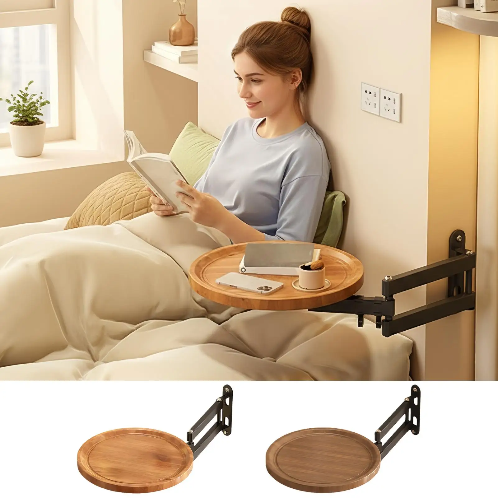 Klappbarer Wandtisch für das Bett, ausziehbarer, an der Wand montierter Schreibtisch, kleiner runder Tisch, an der Wand montiertes Tablett, drehbarer Nachttisch-Aufbewahrungshalter